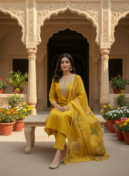 Felocity Mustard Yellow Embroidered Kurti Pant With Floral Dupatta Set