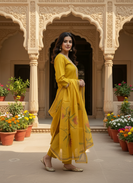 Felocity Mustard Yellow Embroidered Kurti Pant With Floral Dupatta Set