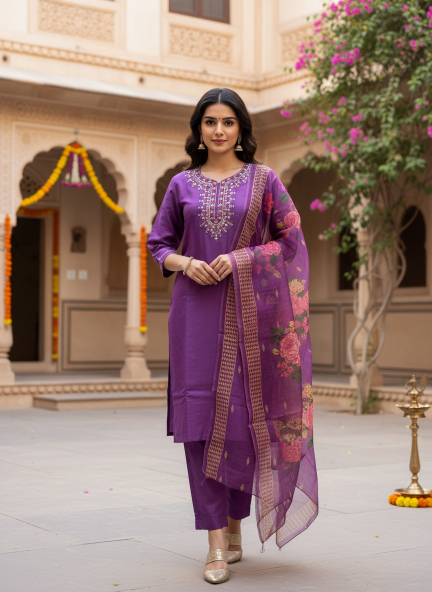 Felocity Purple Kurti Pant With Floral Dupatta Set Wholesale | Premium Ethnic Wear for Women