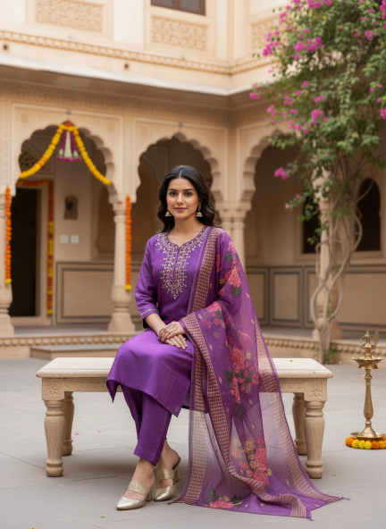 Felocity Purple Kurti Pant With Floral Dupatta Set Wholesale | Premium Ethnic Wear for Women