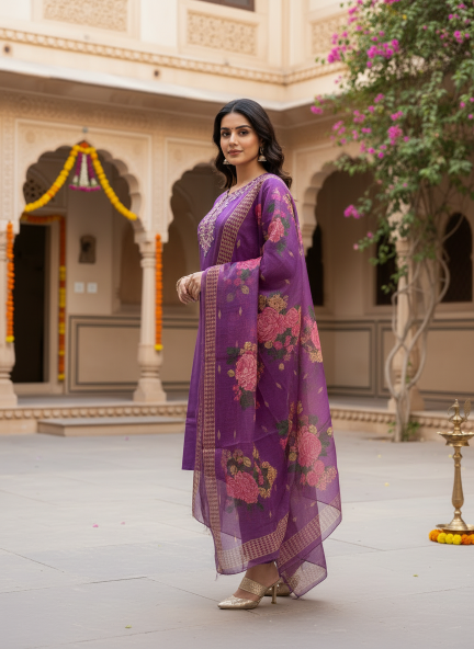 Felocity Purple Kurti Pant With Floral Dupatta Set Wholesale | Premium Ethnic Wear for Women