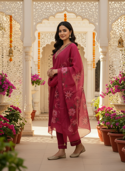 Felocity W75 Rani Color Embroidery Rayon Slub Kurti como set