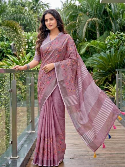 KARISHMA BY SHREE SHYAM FASHION fancy designer LINEN FABRIC WITH EMBRODARY WORK fabric saree wholesale with Fancy latkan
