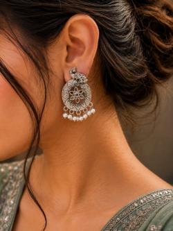Oxidised Pearl Drop Earrings for Women – Traditional Ethnic Floral Design Earrings