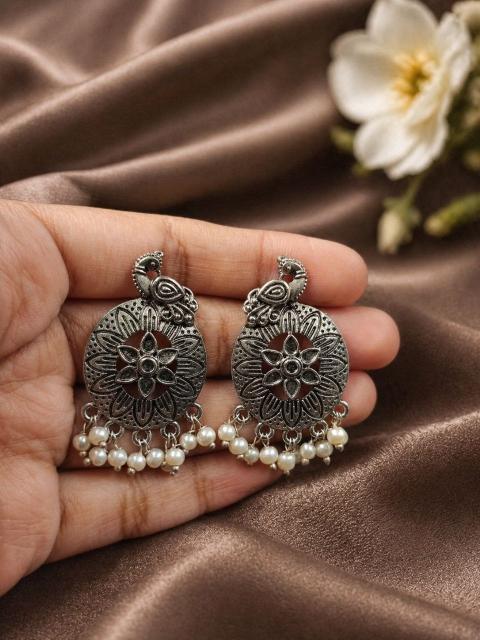 Oxidised Pearl Drop Earrings for Women – Traditional Ethnic Floral Design Earrings