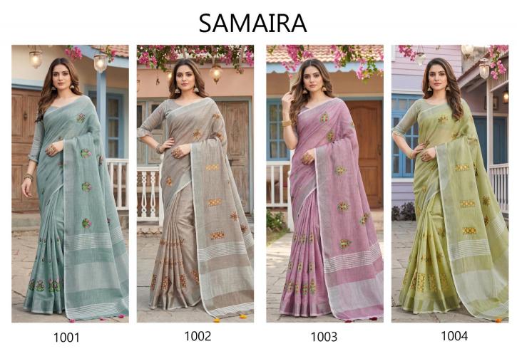 SAMAIRA BY SHREE SHYAM FASHION fancy designer LINEN FABRIC WITH EMBRODARY WORK fabric saree wholesale with Fancy latkan