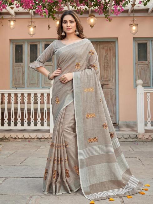SAMAIRA BY SHREE SHYAM FASHION fancy designer LINEN FABRIC WITH EMBRODARY WORK fabric saree wholesale with Fancy latkan