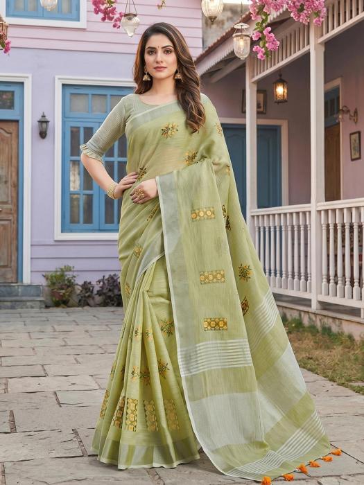 SAMAIRA BY SHREE SHYAM FASHION fancy designer LINEN FABRIC WITH EMBRODARY WORK fabric saree wholesale with Fancy latkan