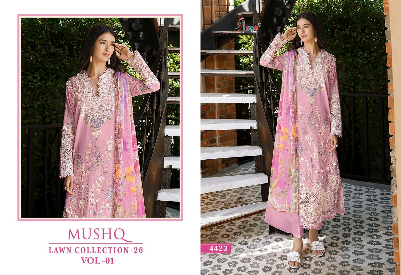 Shree Fabs Mushq Lawn Collection 26 Vol 1 catalog Chiffon Dupatta wholesale pakistani suits in hyderabad