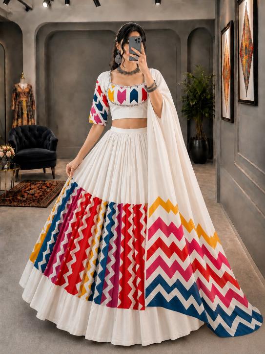 Special Navratri Lehenga Choli | White Multicolor Garba Dress Online