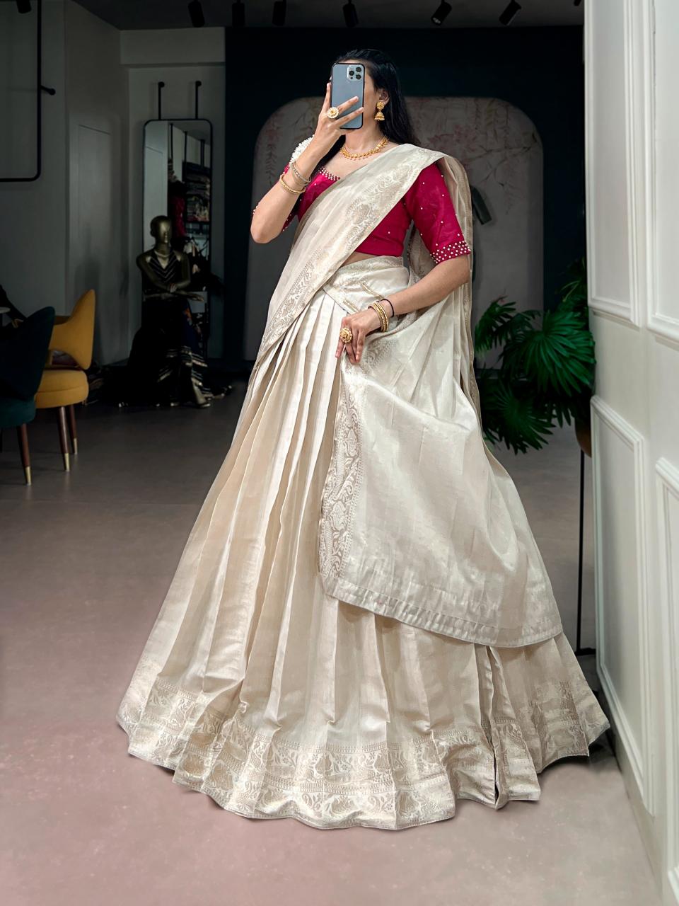 Sabella Poly Kanjivaram catalog surat wholesale half saree lehenga market