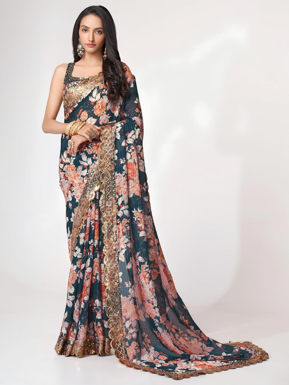 Dazira 1104 Dove Blue catalog organza saree wholesale