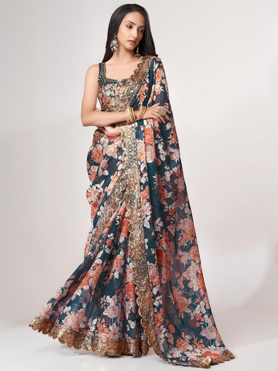 Dazira 1104 Dove Blue catalog organza saree wholesale