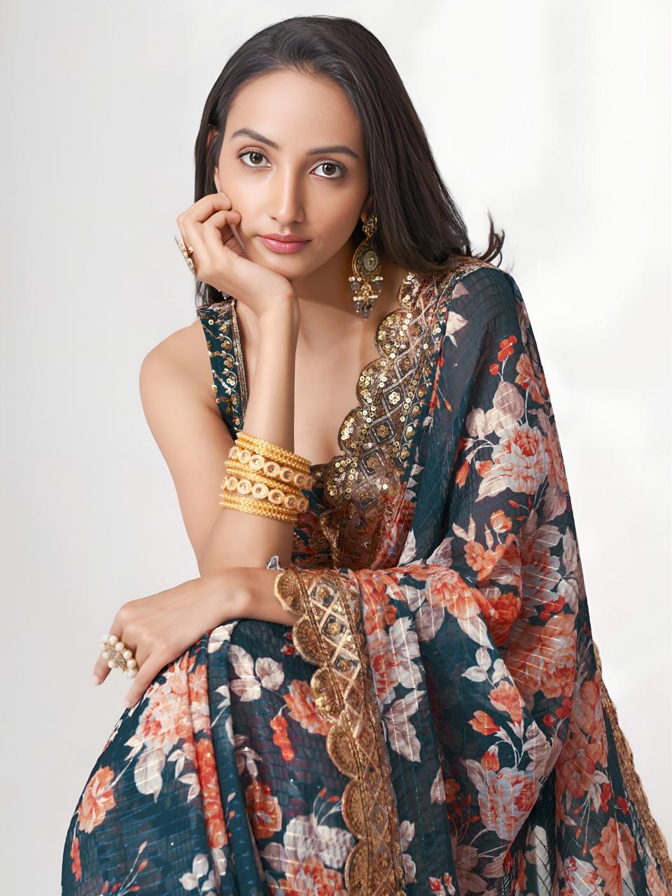 Dazira 1104 Dove Blue catalog organza saree wholesale