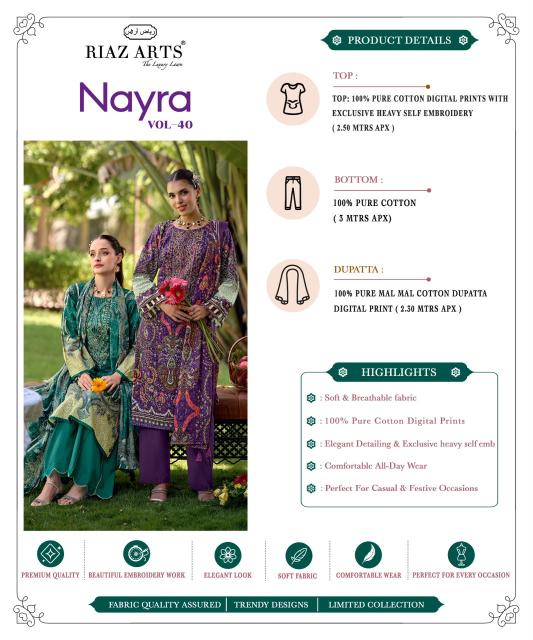 Riaz Arts Nayra vol 40 catalog cotton dress materials wholesale in surat