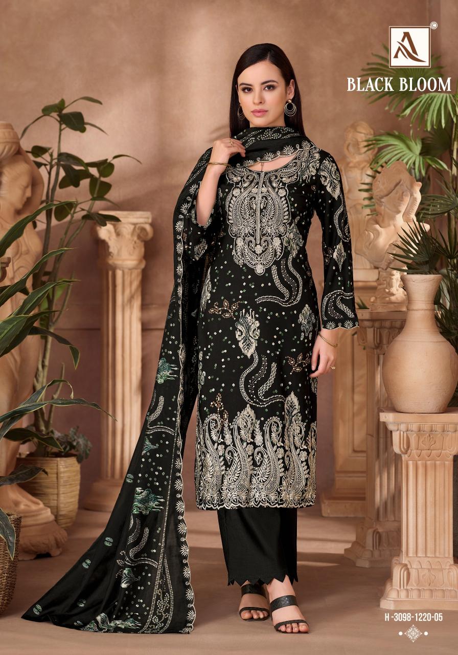 Alok Black Bloom catalog wholesale dress materials from surat mills