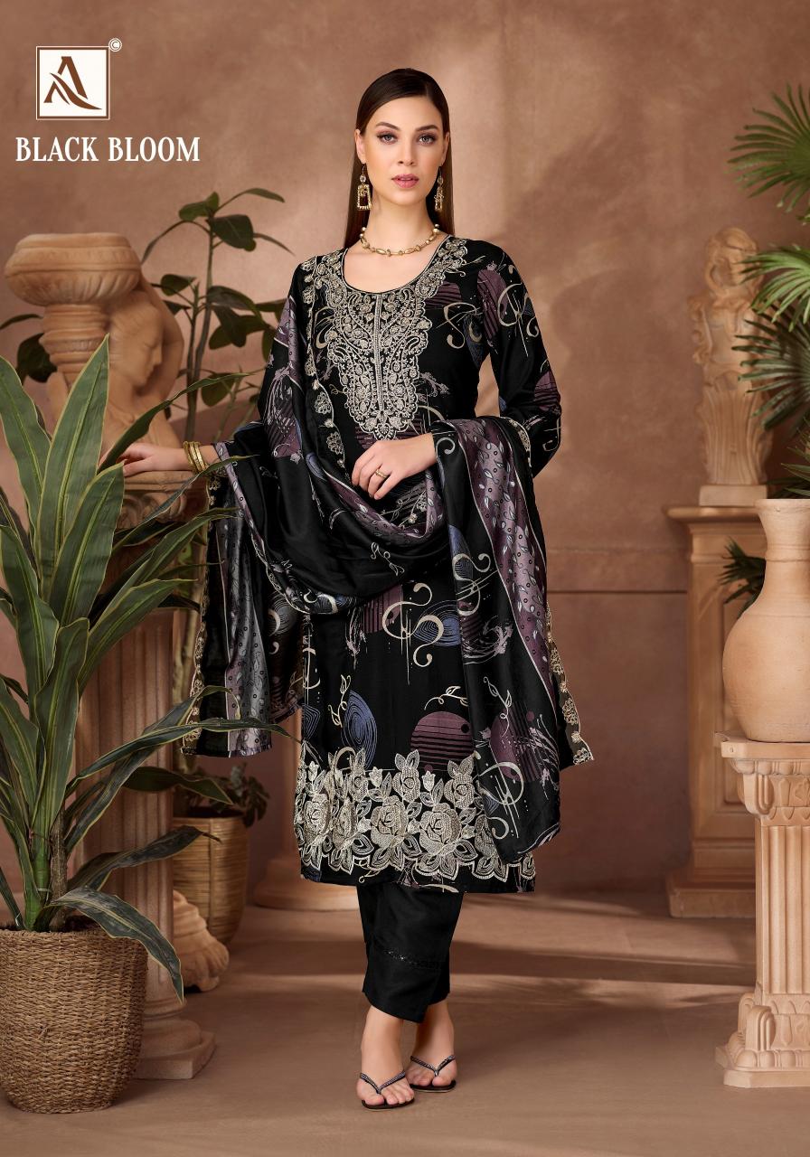 Alok Black Bloom catalog wholesale dress materials from surat mills