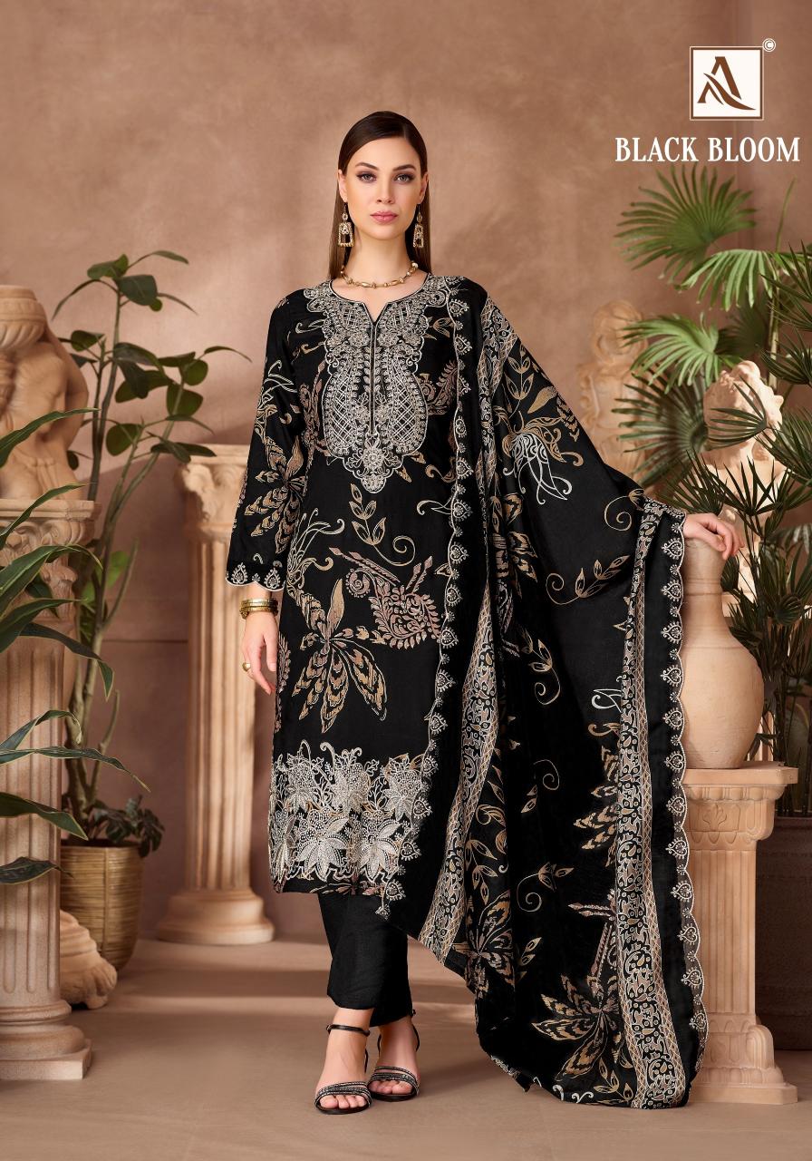Alok Black Bloom catalog wholesale dress materials from surat mills