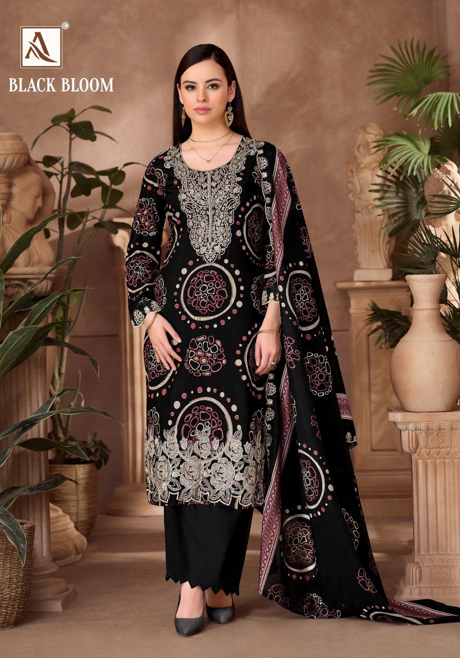 Alok Black Bloom catalog wholesale dress materials from surat mills