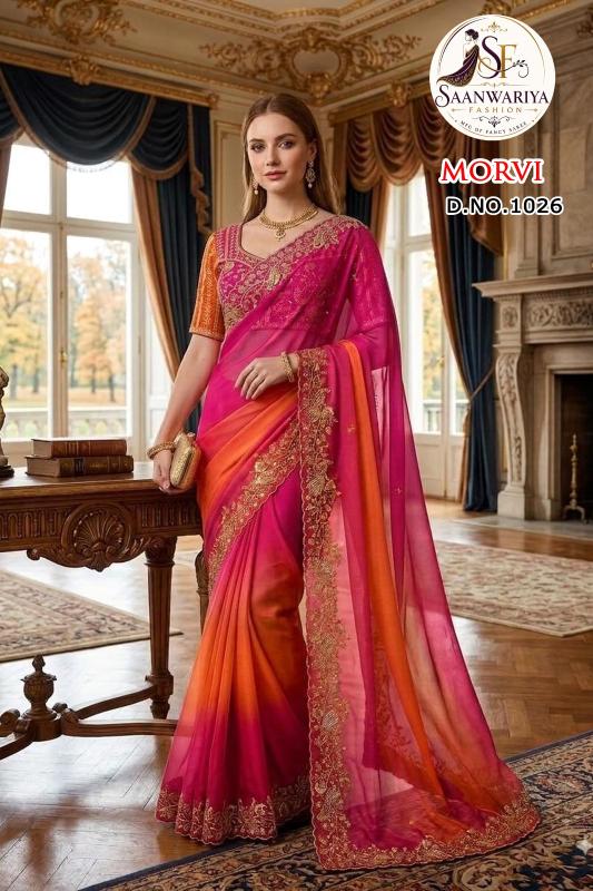 Saanwariya Morvi catalog embroidery work sarees wholesale in surat