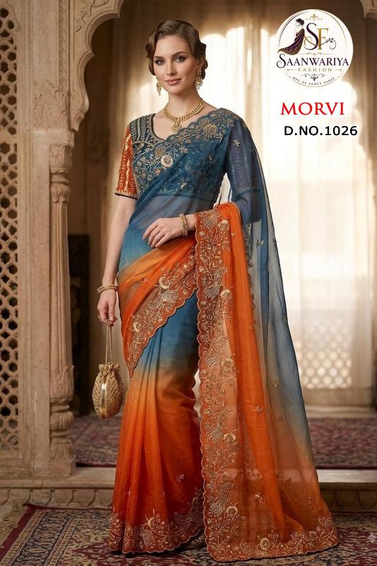 Saanwariya Morvi catalog embroidery work sarees wholesale in surat